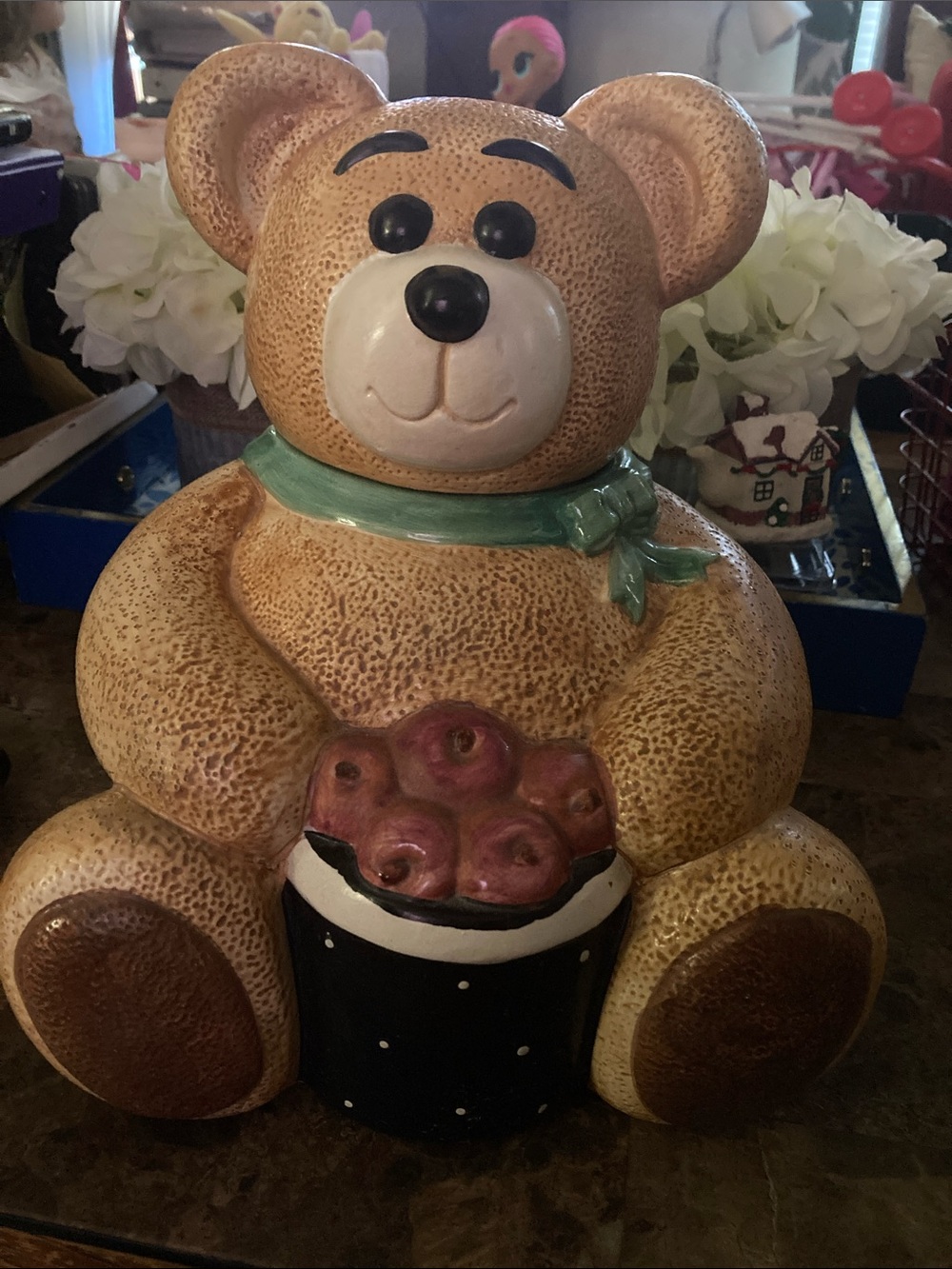 Ceramic Bear Cookie Jar in Brown with Green Scarf
